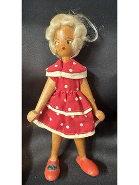 Vintage Wooden Peg Red Poka Dot Dress Girl Doll in Folk Art Collectable 7"  Tall